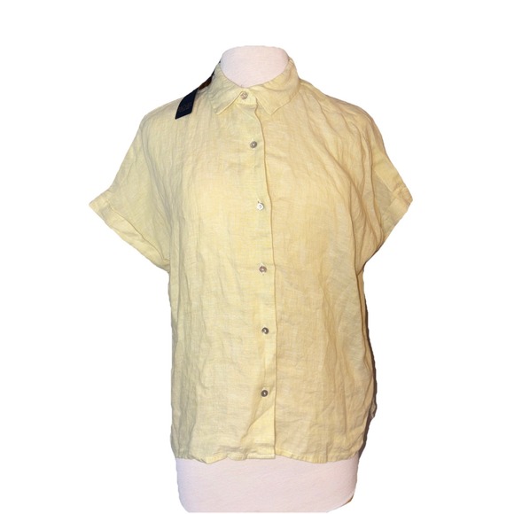 NWT Rachel Roy Woman's Large Linen Yellow Button Up Shirt Short Sleeve Top - Picture 1 of 9